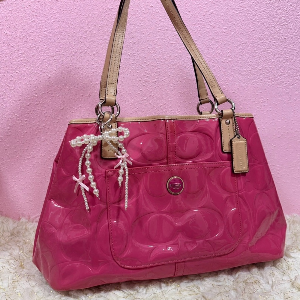 Coach Pink Patent Shoulder Tote with Tan Straps and Bow